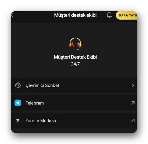 Destek girişleri Menü: çevrimiçi sohbet, Telegram ve Yardım Merkezi girişleri