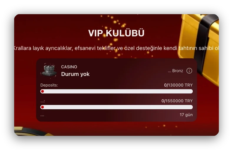 Ekran: VIP Kulübü seviye ilerleme kartı ve yatırım ilerleme çubuğu