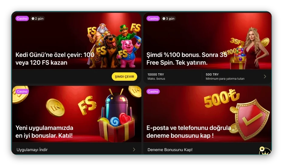 Etkinlik kartları Dört kart: tematik çevirme etkinliği, yatırım bonusu, uygulama teklifi, deneme bonusu