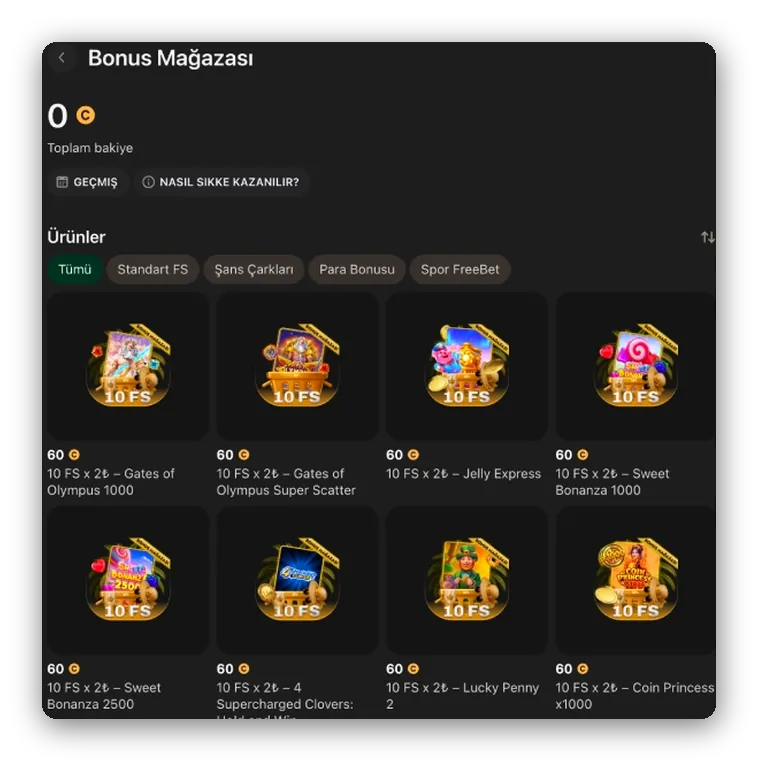 Ekran: jeton bakiyesi ve slot kutuları üzerinde free spin teklifleri, Bonus Mağazası
