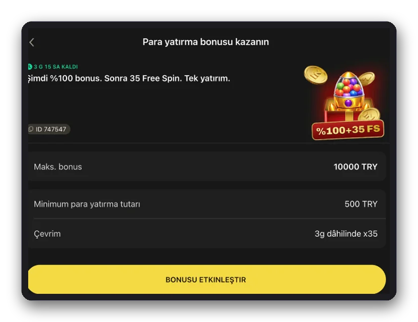 Kart: en yüksek bonus, minimum yatırım ve çevrim şartı satırlarını sıralayan yatırım bonusu
