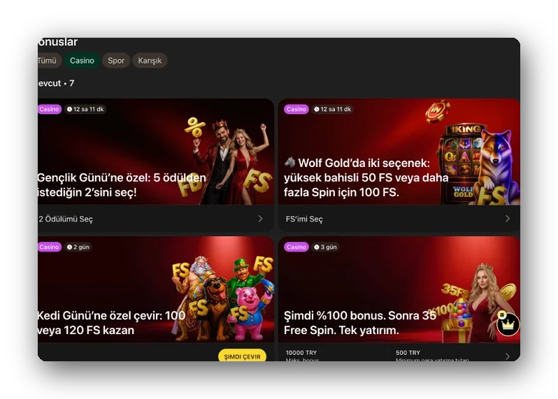 Liste: Tümü, casino ve spor filtreleri ile altında dört casino teklif kartı