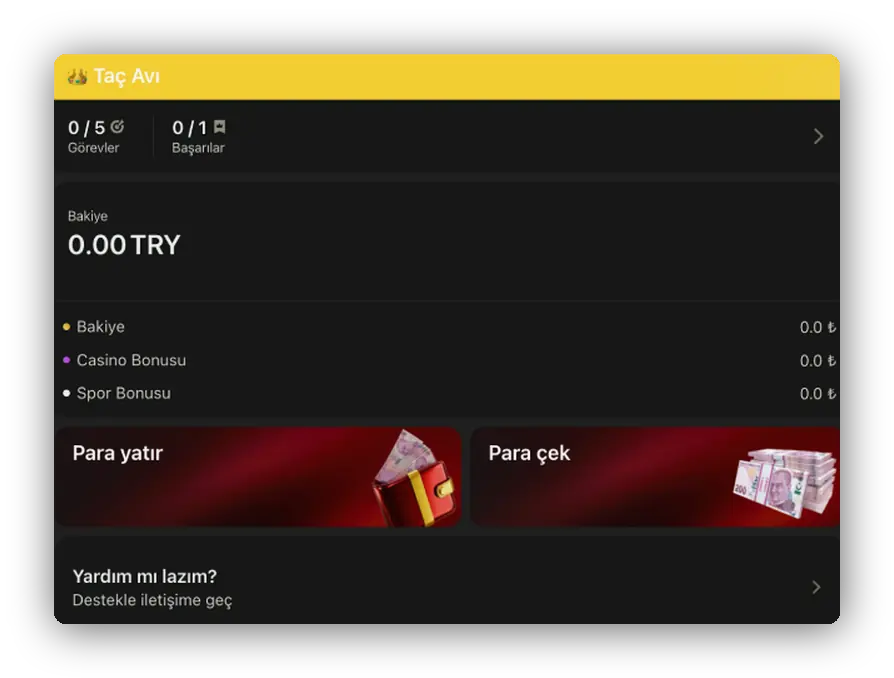 Bakiye çubuğu Panel: bakiye, para yatır ve para çek butonları, yanında görev sayacı