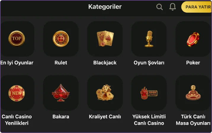 Menü: rulet, blackjack, oyun şovu ve poker simgeli casino kategorileri