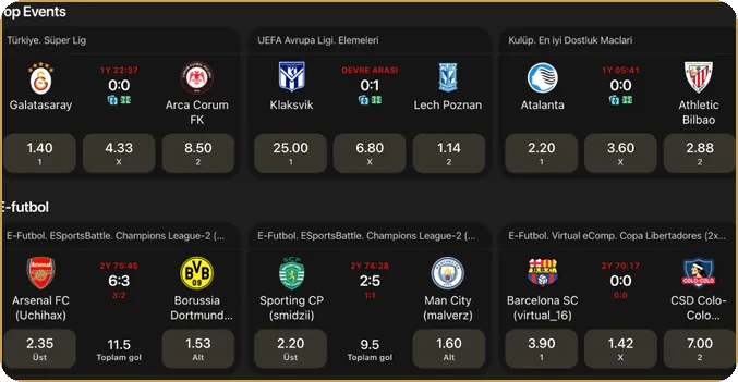 Liste: futbol maçları ve her satırda 1 X 2 oran düğmeleri