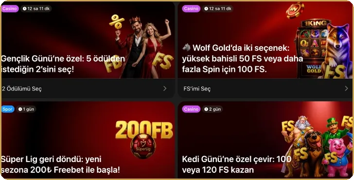 Dört promosyon kartı Koyu zemin üzerinde dört promosyon kartı: free spin ve cashback teklifleri